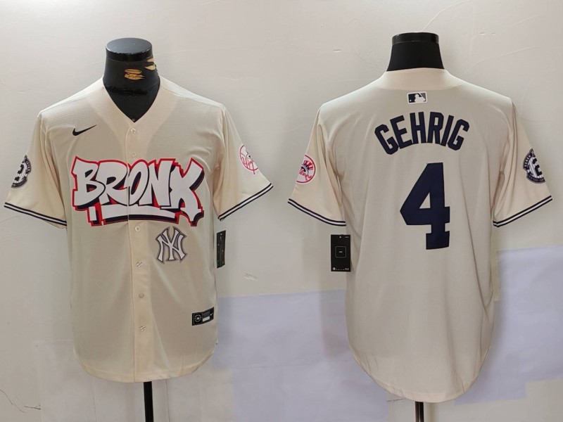 Men New York Yankees #4 Gehrig Cream joint name 2024 Nike MLB Jersey style 4->new york yankees->MLB Jersey